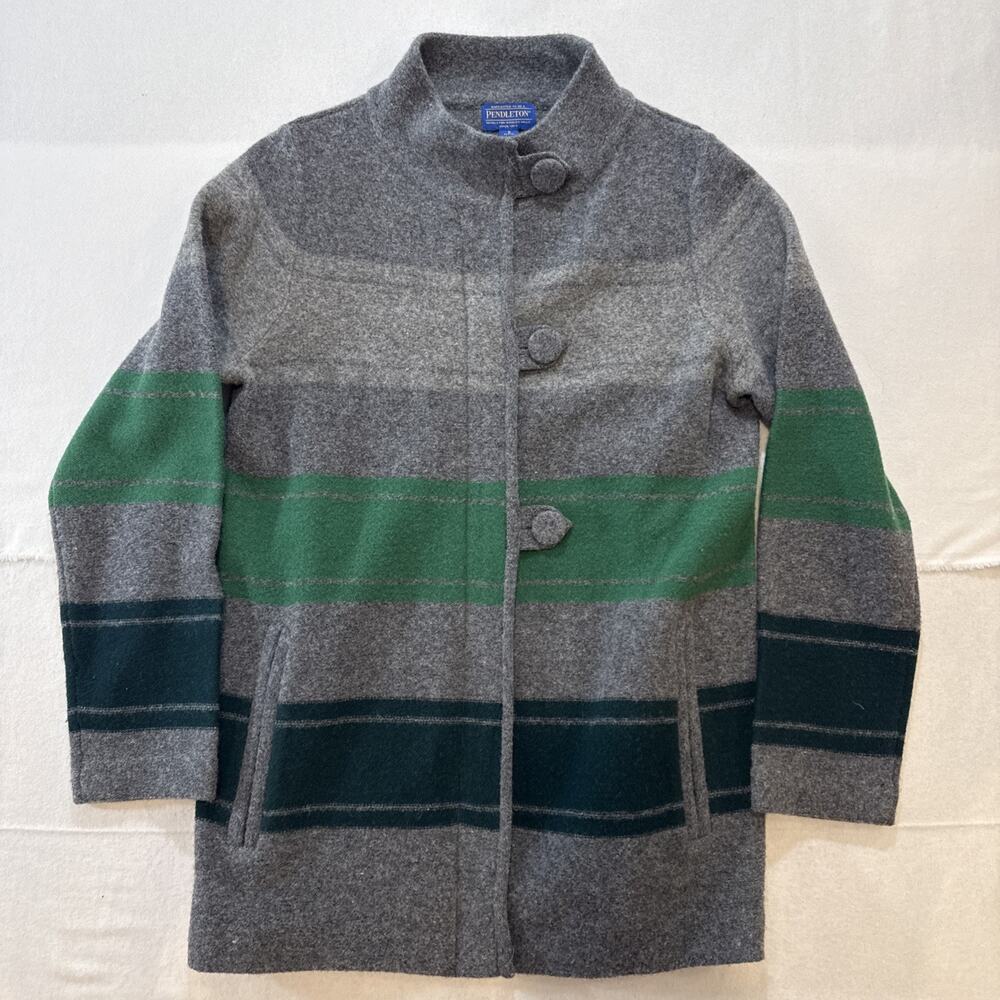 Pendleton Long Striped Sweater Coat Lambs Wool Jacket, Small Gray/green